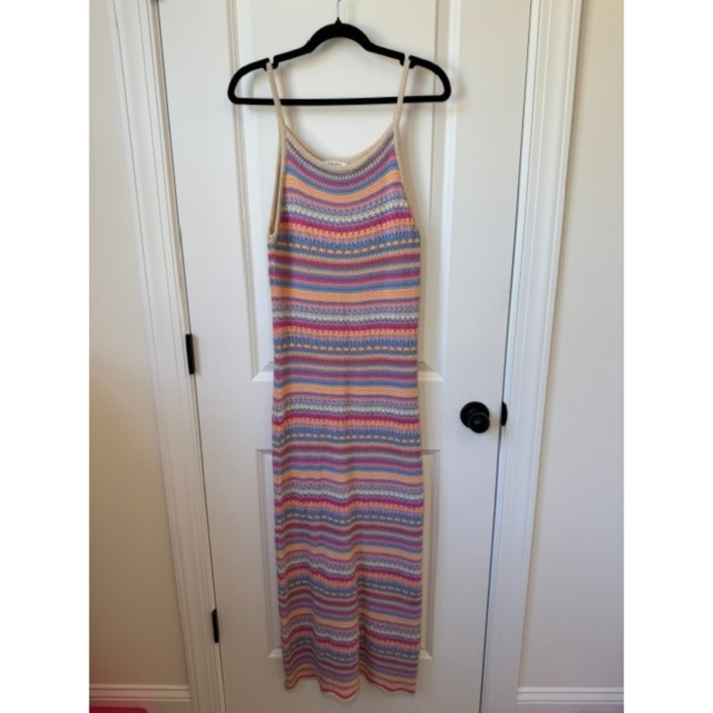 Z Supply Multi Color Striped Crochet Knit Maxi Dress Medium Boho Sleeveless